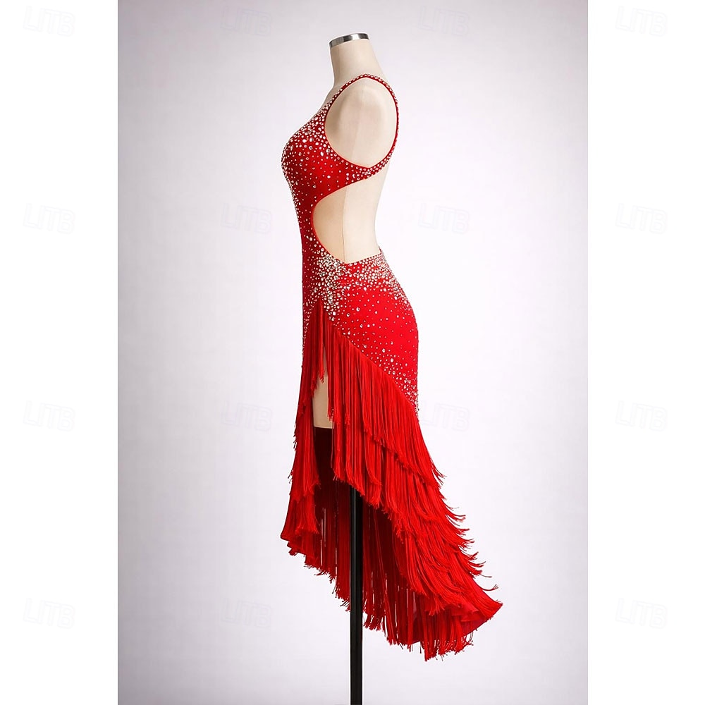 Abito da ballo latino da donna rosso con strass, scollo a V profondo e frange, abito da competizione per balli da sala del 2026 a $420.99 –P4