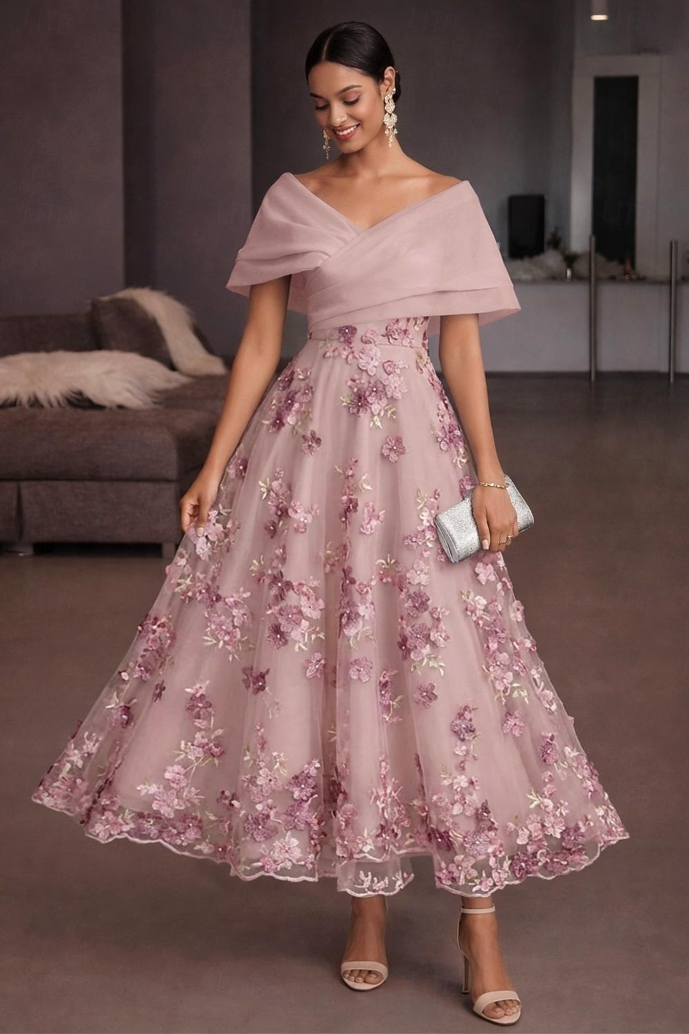 Corte A Vestido Midi Vestidos de coctel Elegante Vintage Floral Manga Corta Hombros Caídos Fiesta de jardin Boda Organdí Tul Espalda desnuda con Estampado flor Flor bordada Plisado 2026 - $182.99 –P1