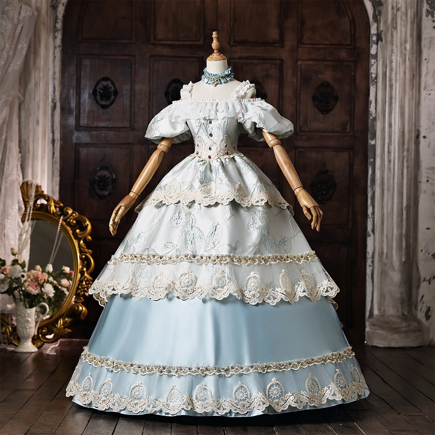 Rococo Baroque Ball Gown Floor Length Ball Gown Choker Short Sleeves Princess Bridal Royal Attire Off the Shoulder Ball Gown Square Neck Fancy Dress Women's Royal Halloween Carnival Masquerade Prom 2026 - $247.39 –P3