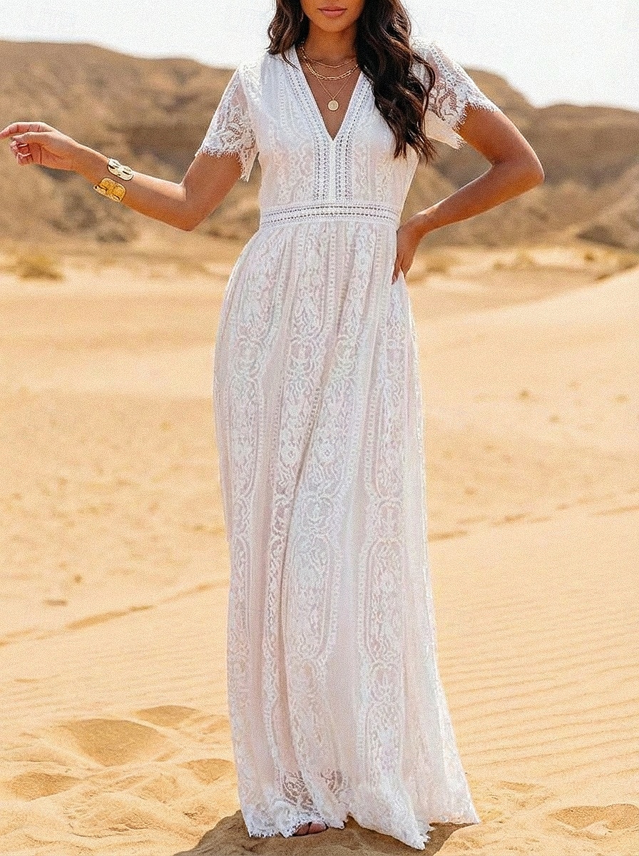 Dámské Maxi šaty Boho šaty Krajkové šaty Bílé šaty Letní šaty Elegantní Módní Plážové Dovolená Běžný Bez vzoru Krátký rukáv Do V Bílá Léto Jaro 2026 - $45.99 –P1