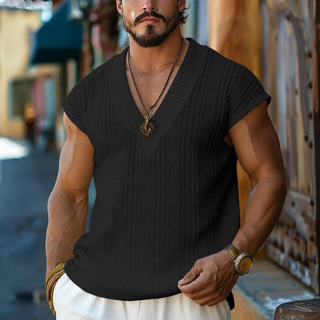 Men's T-Shirt Outfits Tee Top Sleeveless V Neck Spring & Summer Summer Spring Knitwear Hawaiian Designer Knitted Casual Daily Home White Top Tee for Men 2026 - $21.99 –P10