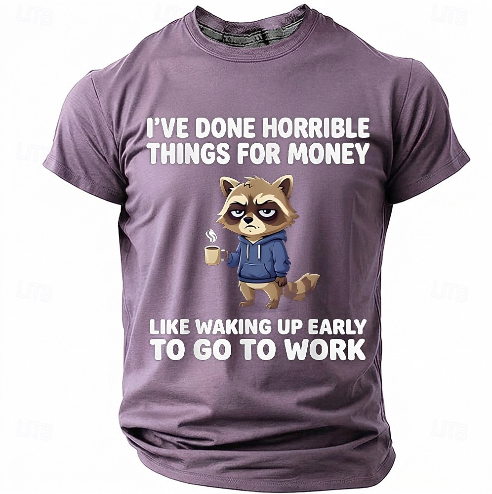 Maglietta da uomo con stampa divertente di un procione "Ho fatto cose orribili per soldi", maniche corte, girocollo, procione stanco che beve caffè, umorismo da ufficio, regalo sarcastico per del 2026 a $18.99 –P7