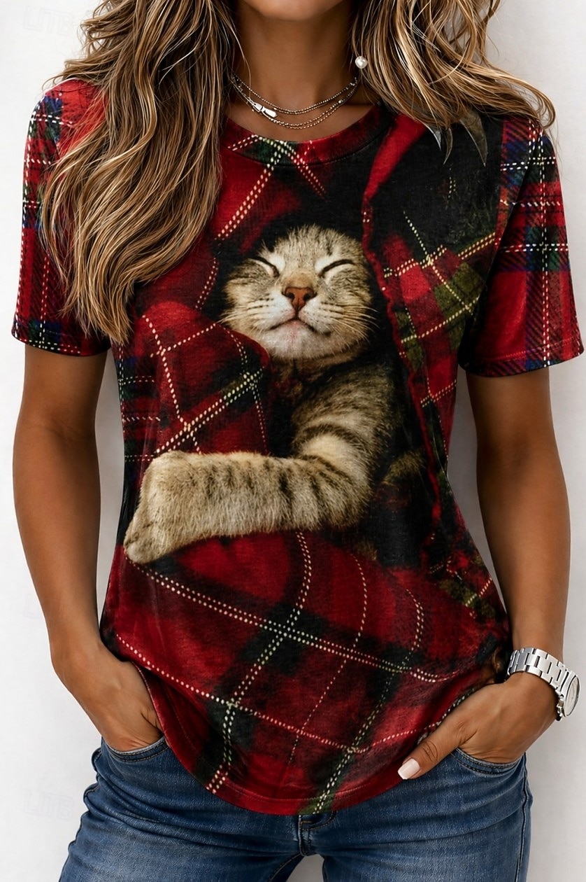 Per donna Maglietta Stampato Grafico Animale Gatto Vintage Elegante Classico Manica Corta Girocollo Top Regolari Casuale Quotidiano Weekend Bianco e nero Bianco Rosso Estate Primavera Autunno Inverno del 2026 a $21.99 –P2