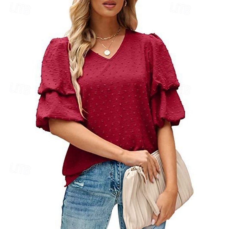 Mulheres Camisa Social Blusa Tops de chiffon Tecido à moda Básico Clássico Manga Curta Manga Princesa Decote V Tops regulares Casual Diário Feriado Azul Preto Branco Vinho Verde Escuro Verão Primavera de 2026 por $18.49 –P18