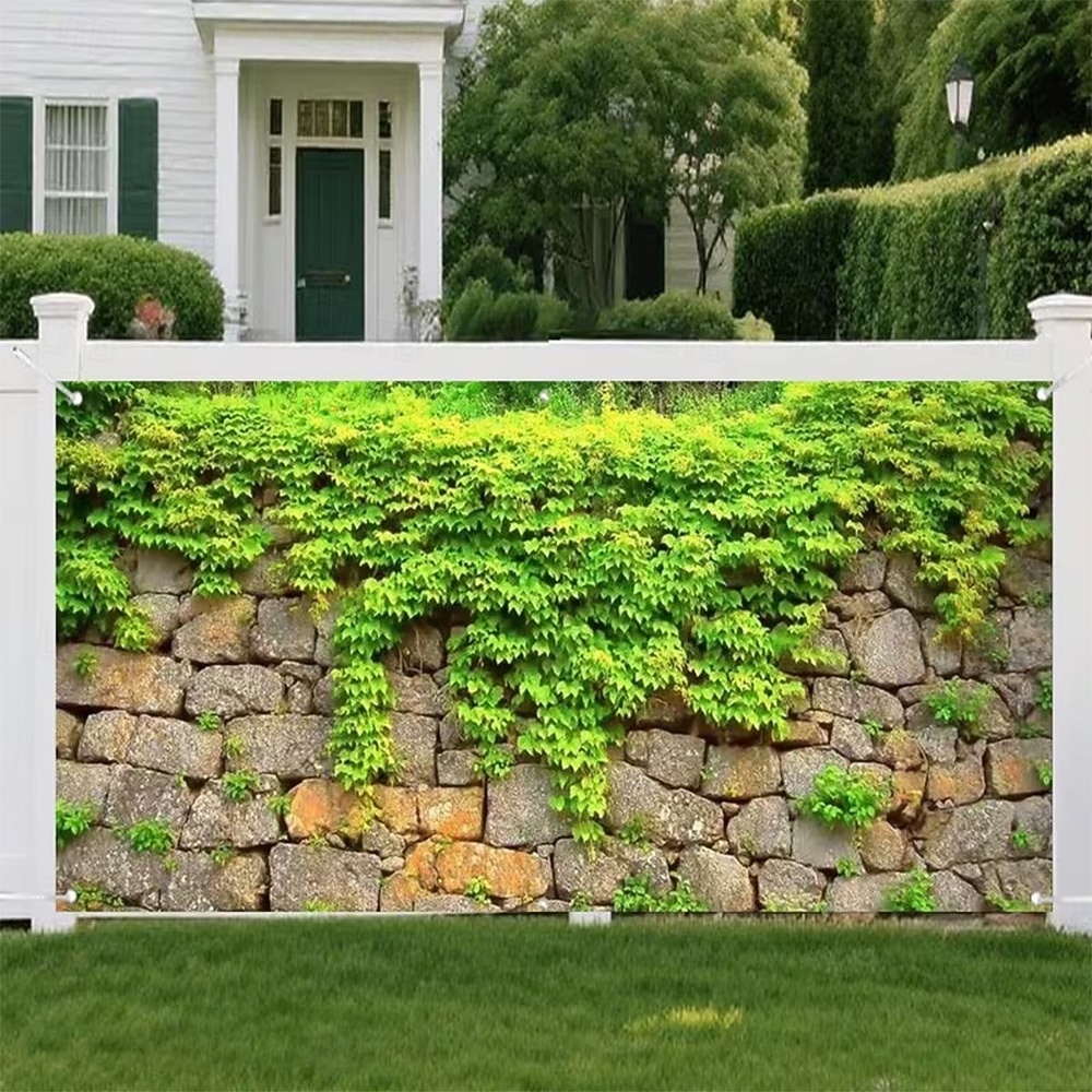 Rustikale Steinmauer, grüner Efeu, Kletterblätter, natürliche graue Felsen, realistische Textur, Garagentor-Banner, Außenkulisse, Wandteppich für Garten, Hof, Terrasse, Zaun, Heimdekoration 2026 - $20.99 –P3