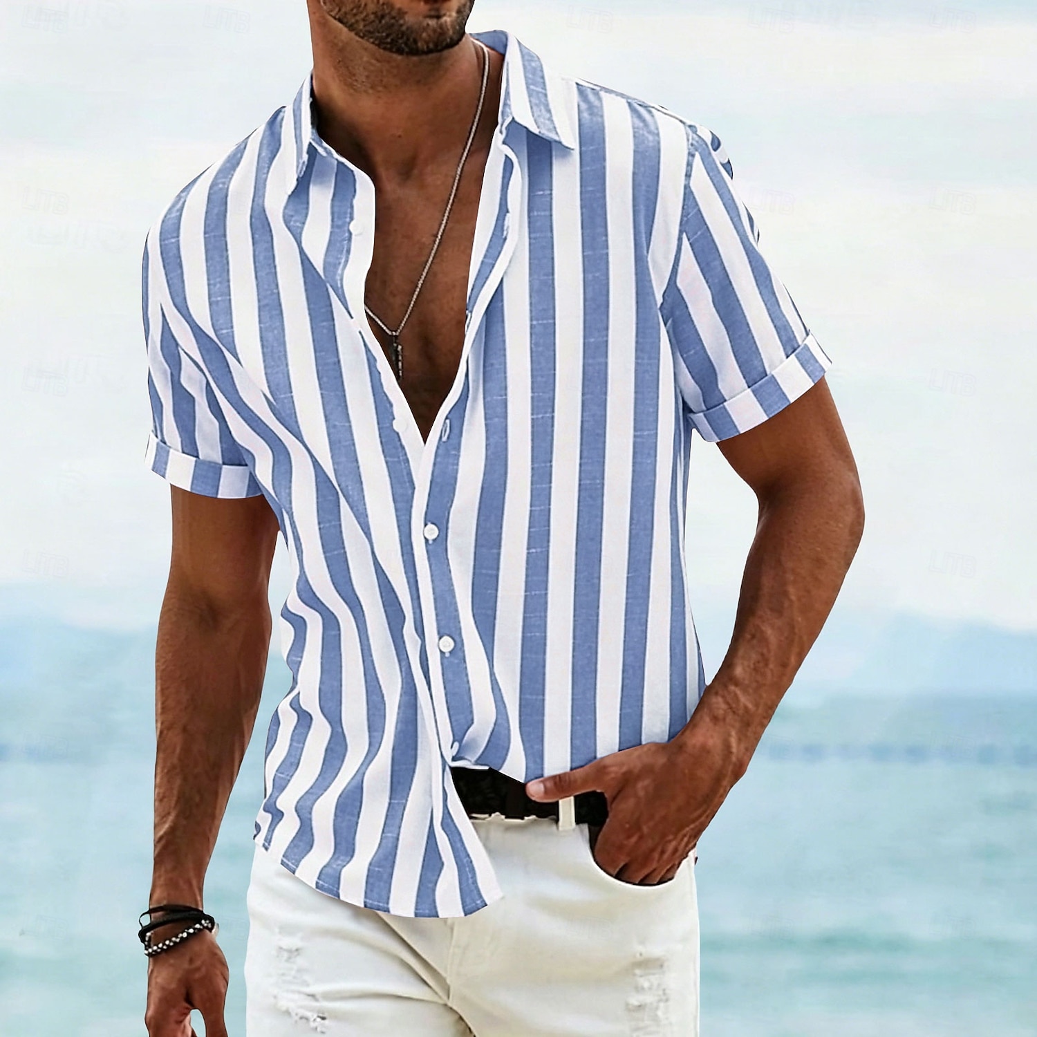 Per uomo Camicia Camicia di lino Camicia Estiva Camicia da Spiaggia Camicia con Bottoni Camicie a righe Strisce verticali Abbigliamento casual alla moda Vacanza Blu Giallo Rosa Rosso Manica Corta del 2026 a $27.99 –P6