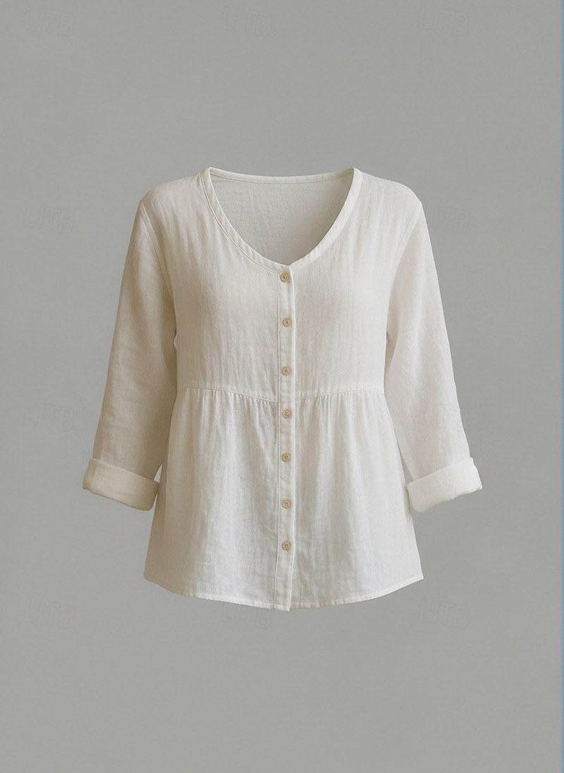 Blusa de Algodón y Lino para Mujeres Botones Color Sólido Elegante Casual Manga Larga Cuello en V Tops Regulares Diario Blanco Amarillo Rosa Verde Verano Primavera Otoño 2026 - $21.99 –P7