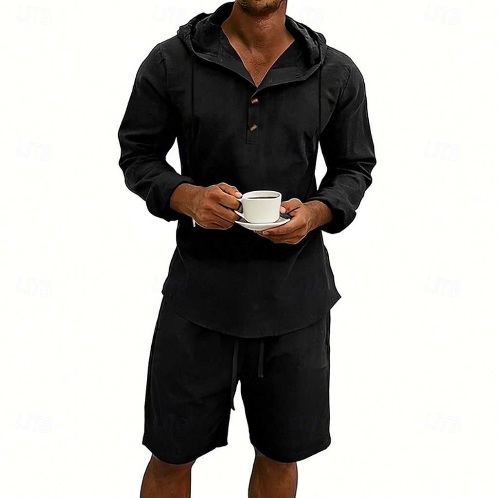 Herre Linskjorte 2 deler Popover skjorte Og Shorts Lin Shorts Strandshorts Sett عادي Daglig utendørs Feriereise Med hette Langermet Sommer Mote Fritid Bekvem Klær 2026 - $36.99 –P11