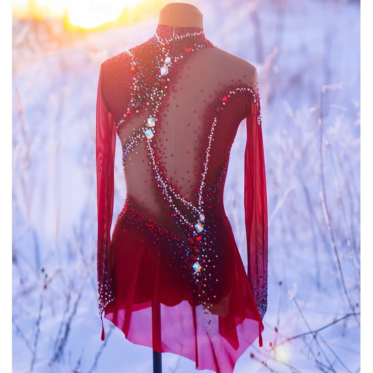 red figure skating competition dresses Figure Skating Dress Women's Girls' Ice Skating Dress Red Thumbhole Asymmetric Hem Mesh High Elasticity Training Competition Skating Wear Classic Crystal / Rhinestone Long Sleeve Ice Skating Figure 2026