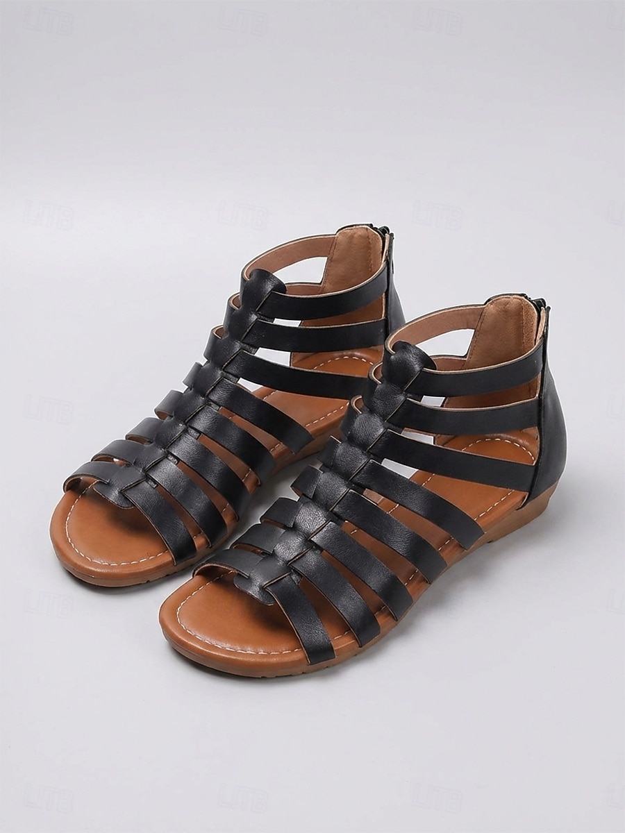 Svarta vävda gladiatorsandaler för kvinnor, platta sandaler med dragkedja baktill för vardagsbruk, shopping, resor, semester &avslappnade utflykter 2026 - $29.99 –P1