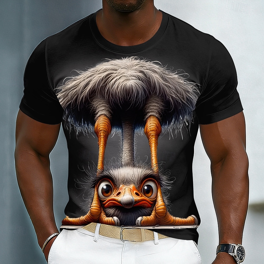 Tricou bărbătesc amuzant cu struț, grafică 3D, design animat CGI, excentric, umor, mânecă scurtă, guler rotund, tricou casual negru, cadou unic pentru bărbați, îmbrăcăminte de designer, S, M, L, XL, 2026 - $18.99 –P1