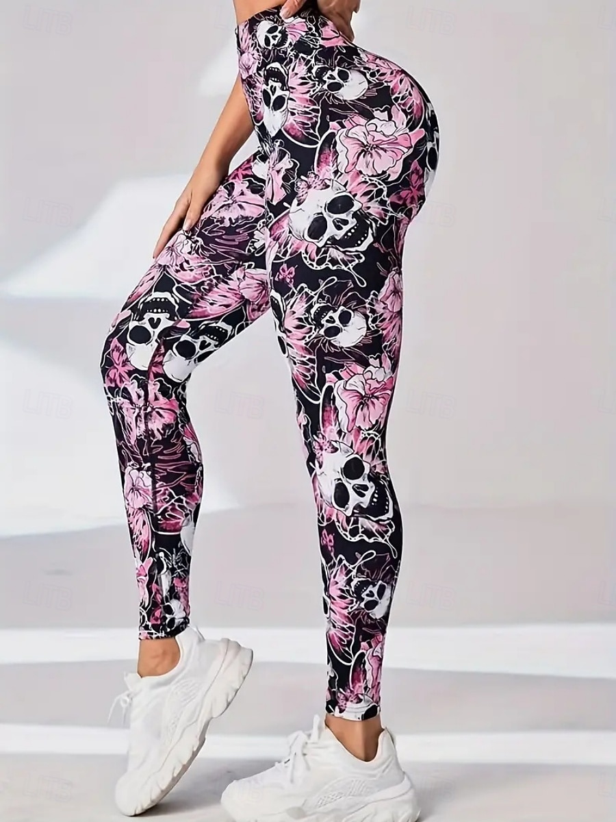 Women's Pilates Pants Yoga Pants Ruched Butt Lifting High Waist Gym Workout Running Fitness Leggings Skull Floral Botanical Pink Sports Activewear 2026 - $19.49 –P2