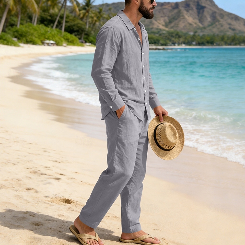 Homme Chemise en lin Deux pièces Ensemble Chemise Et Pantalons en Lin Pantalons Pantalon décontracté Set Uni Quotidien Extérieur Plage Col Rabattu manche longue Été Printemps Mode Occasionnel de 2026 ? $41.99 –P17