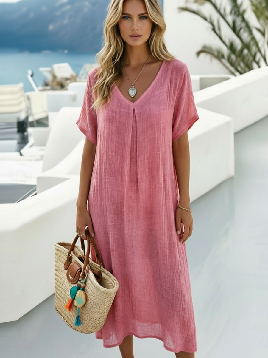 Mujer Vestido Midi Vestidos con tacto de lino Moda Moderno Exterior Vacaciones Festivos Holgado Plano Manga Corta Escote en Pico Azul Real Naranja Verde Trébol Rosa Rojo Verano Primavera 2026 - $10.99 –P7