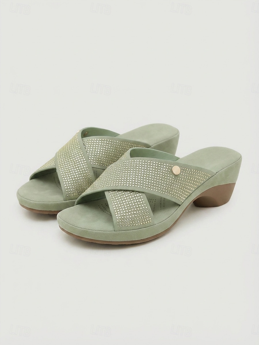 Sandalias de cuña con tiras cruzadas y pedrería verde para mujer: cómodas sandalias sin cordones con plantilla acolchada y tacón brillante de punta abierta, ideales para vacaciones y fiestas en el 2026 - $34.99 –P2