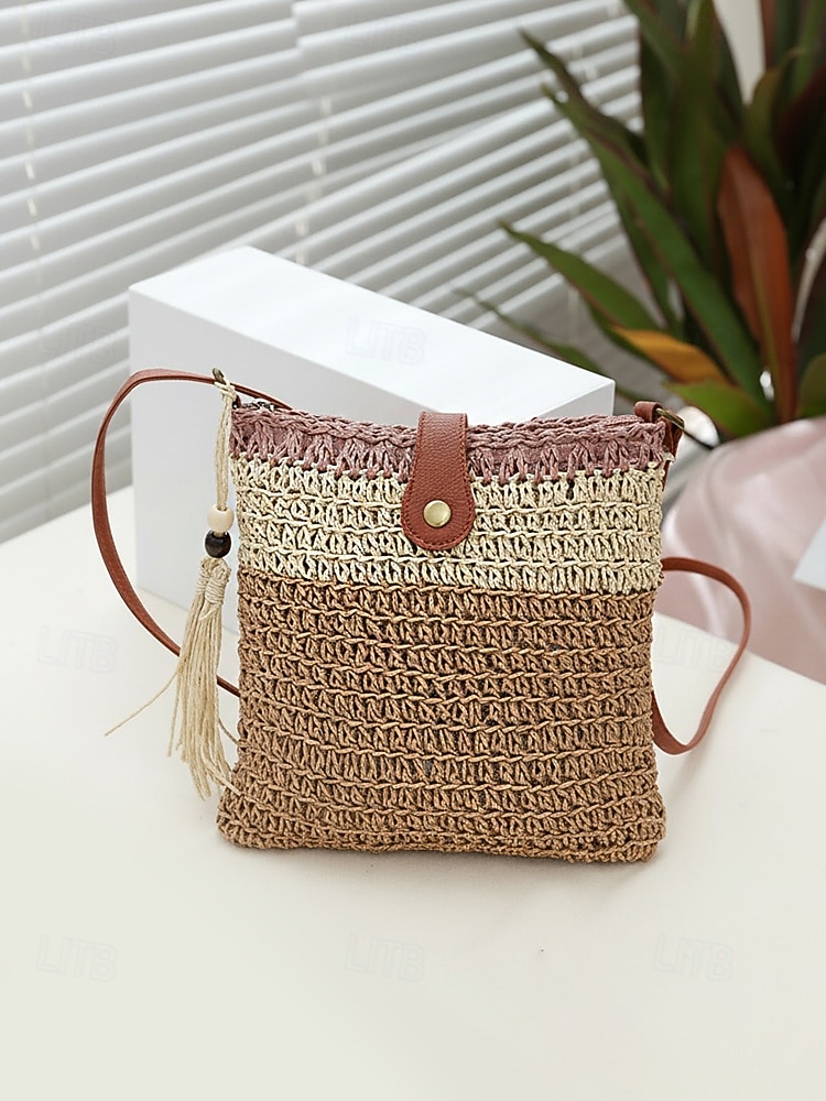 Женская богемная соломенная сумка с кисточкой, регулируемым плечевым ремнем, два цвета (белый и хаки), легкая плетеная пляжная сумка, идеально подходит для отдыха, повседневной носки и летних прогулок. 2026 - $18.99 –P5