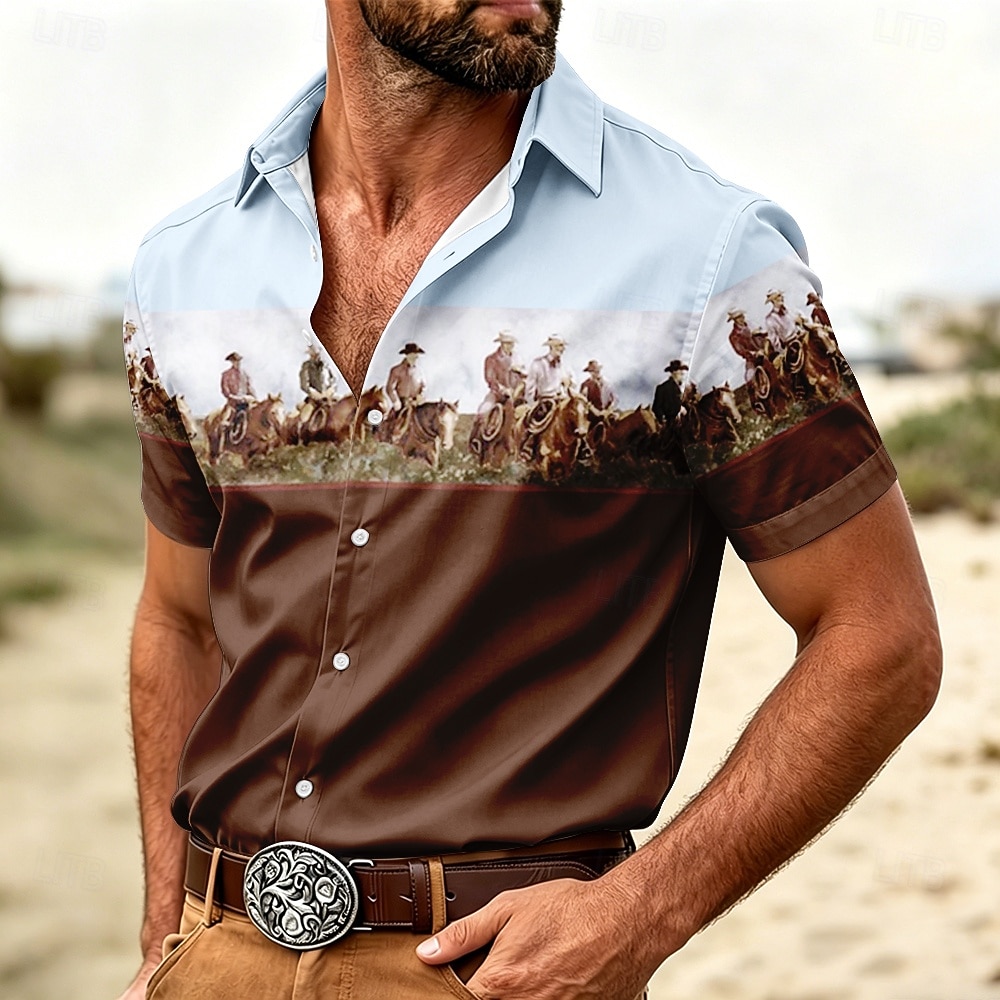 Herren Cowboy auf Pferd Hemd Westernhemd Cowboy-Shirt Kurzarm Vintage-Retro Outdoor Urlaub Arbeitskleidung Sommer Frühling Umlegekragen 3D-Druck Leinenähnliches Hemd Hemden mit Knopfleiste Blau 2026 - $25.99 –P1