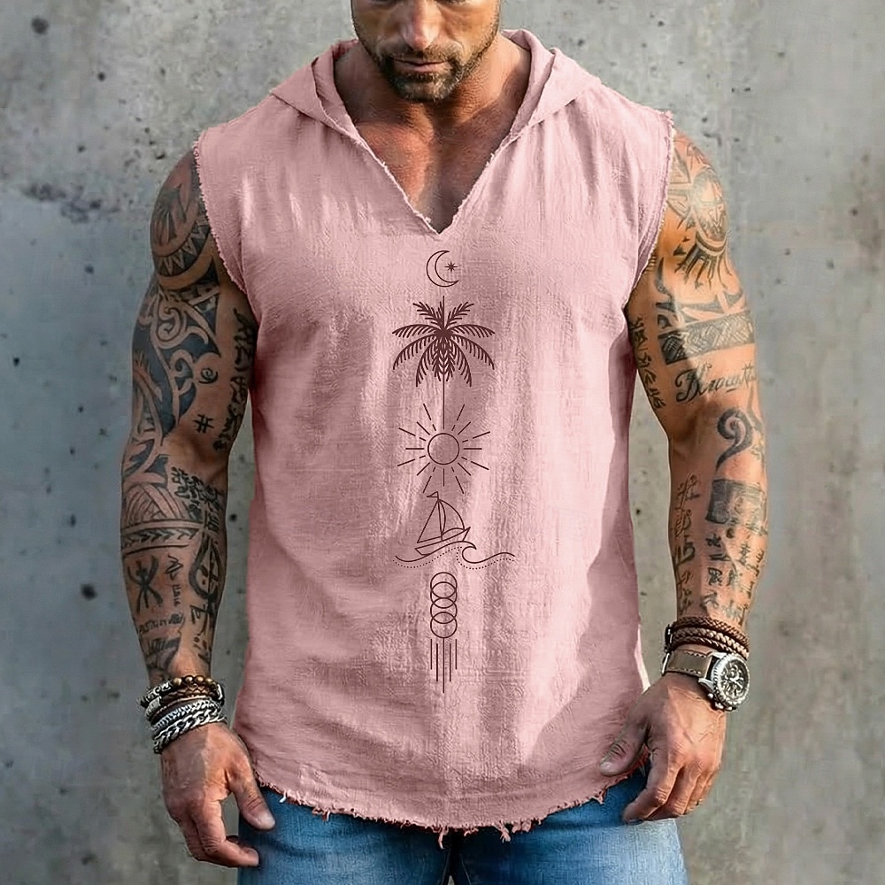 Herren-Kapuzenjacke mit geometrischem Palmen-, Sonnen-, Segelboot- und Mondmuster im Boho-Stil, ärmellos, locker geschnitten, V-Ausschnitt, ausgefranster Saum, Sommer, Strandurlaub, Designer-Kleidung, 2026 - $19.99 –P2