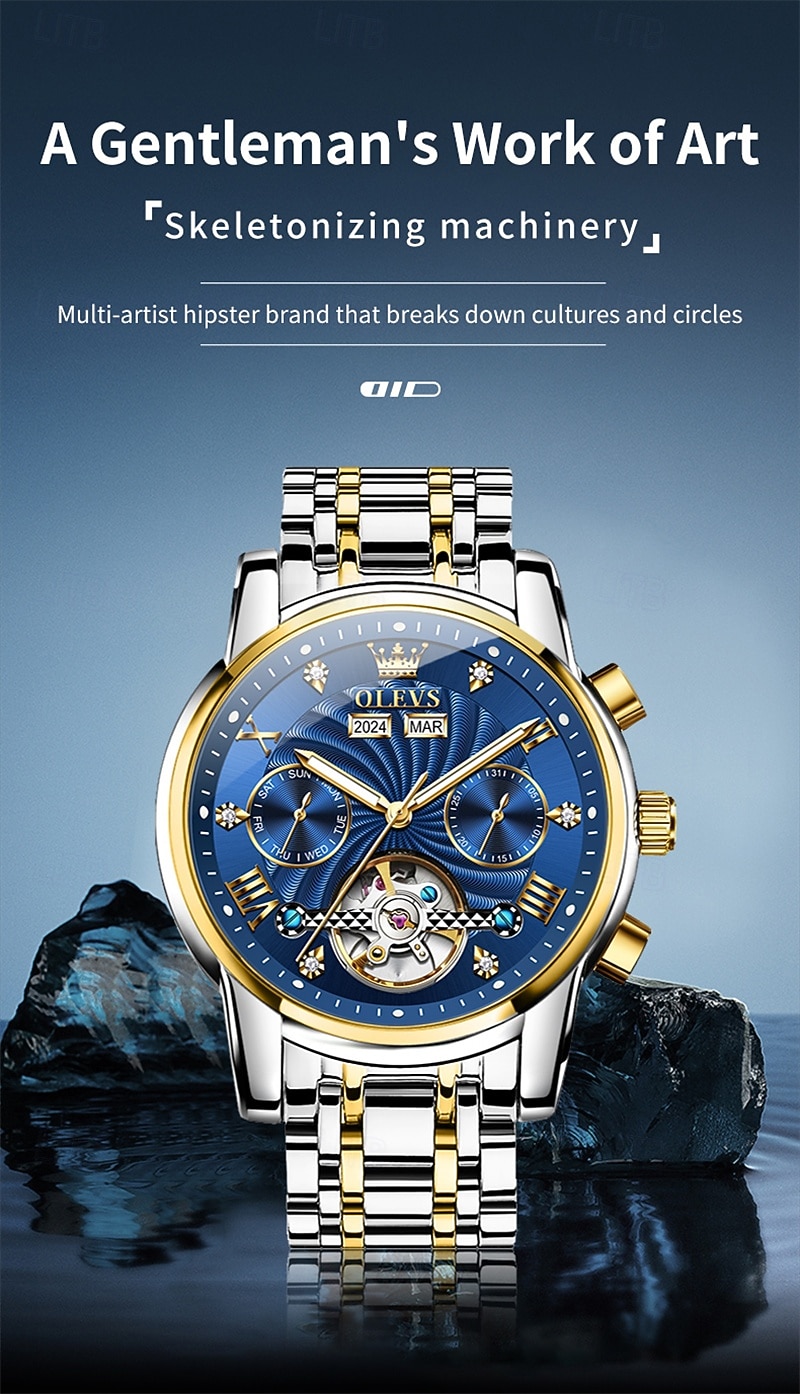 Orologio automatico da uomo Olevs Skeleton, lussuoso orologio da polso da lavoro bicolore in acciaio inossidabile con calendario multifunzione, orologio meccanico analogico luminescente impermeabile, del 2026 a $109.99 –P2