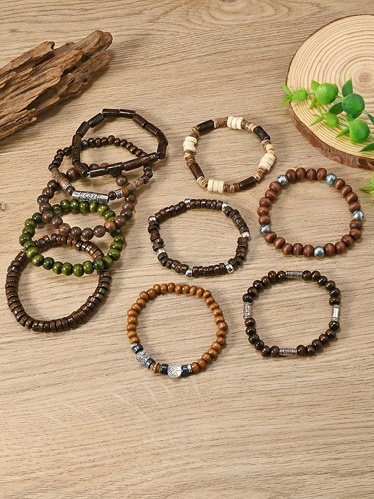 Σετ ανδρικών βραχιολιών με ξύλινες χάντρες μποέμ, 10 ελαστικά βραχιόλια με χάντρες που στοιβάζονται για διακοπές στην παραλία, καθημερινή casual ένδυση, ταξίδια και φεστιβάλ 2026 - $11.99 –P4