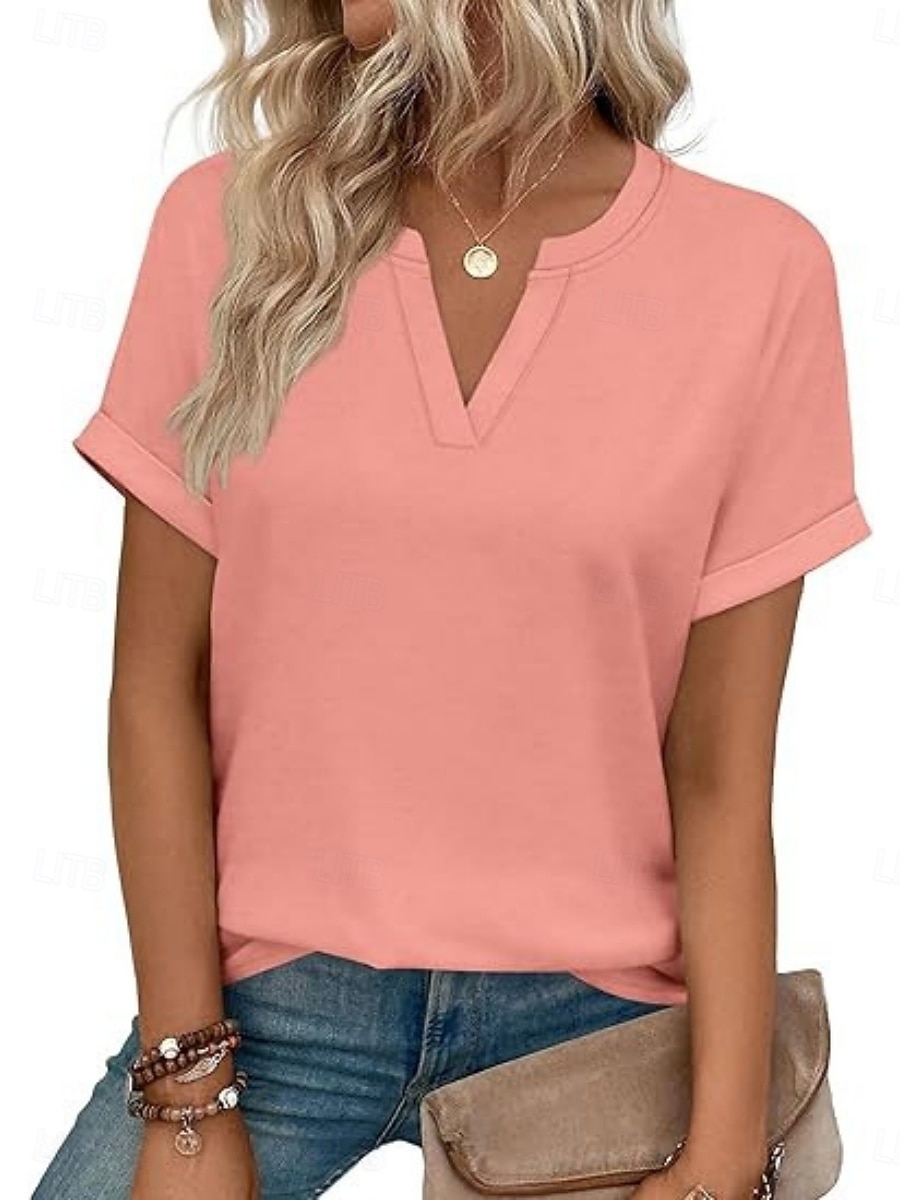 Femmes T-shirt Uni Mode Élégant Classique Manche Courte Col en V Hauts Réguliers Quotidien Sortir Week-end Bleu Noir Blanche Rose Claire Rouge Été Printemps de 2026 ? $19.99 –P14