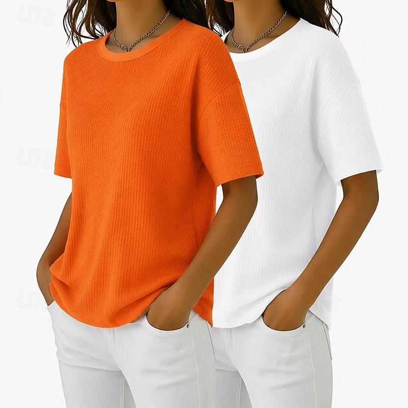 Набор из 2 женских футболок с вафельной текстурой, вафельный трикотаж, однотонные, стильные, базовые, классические, с коротким рукавом, круглым вырезом, стандартного кроя, повседневные, пляжные, розовые+оранжевые. 2026 - $41.99 –P5