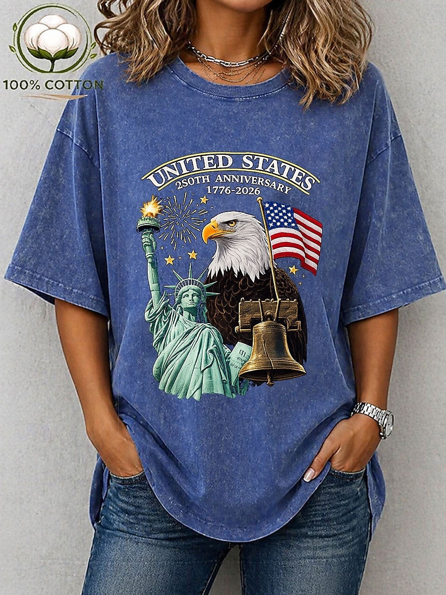 amerikanska självständighetsdagen dam-t-shirt i 100 % bomull bomullsskjorta vintage tvättad topp tryck grafiskt flagga snygg grundläggande klassisk kortärmad rund hals vanlig topp casual daglig blå svart lila grön 2026 - $29.99 –P2