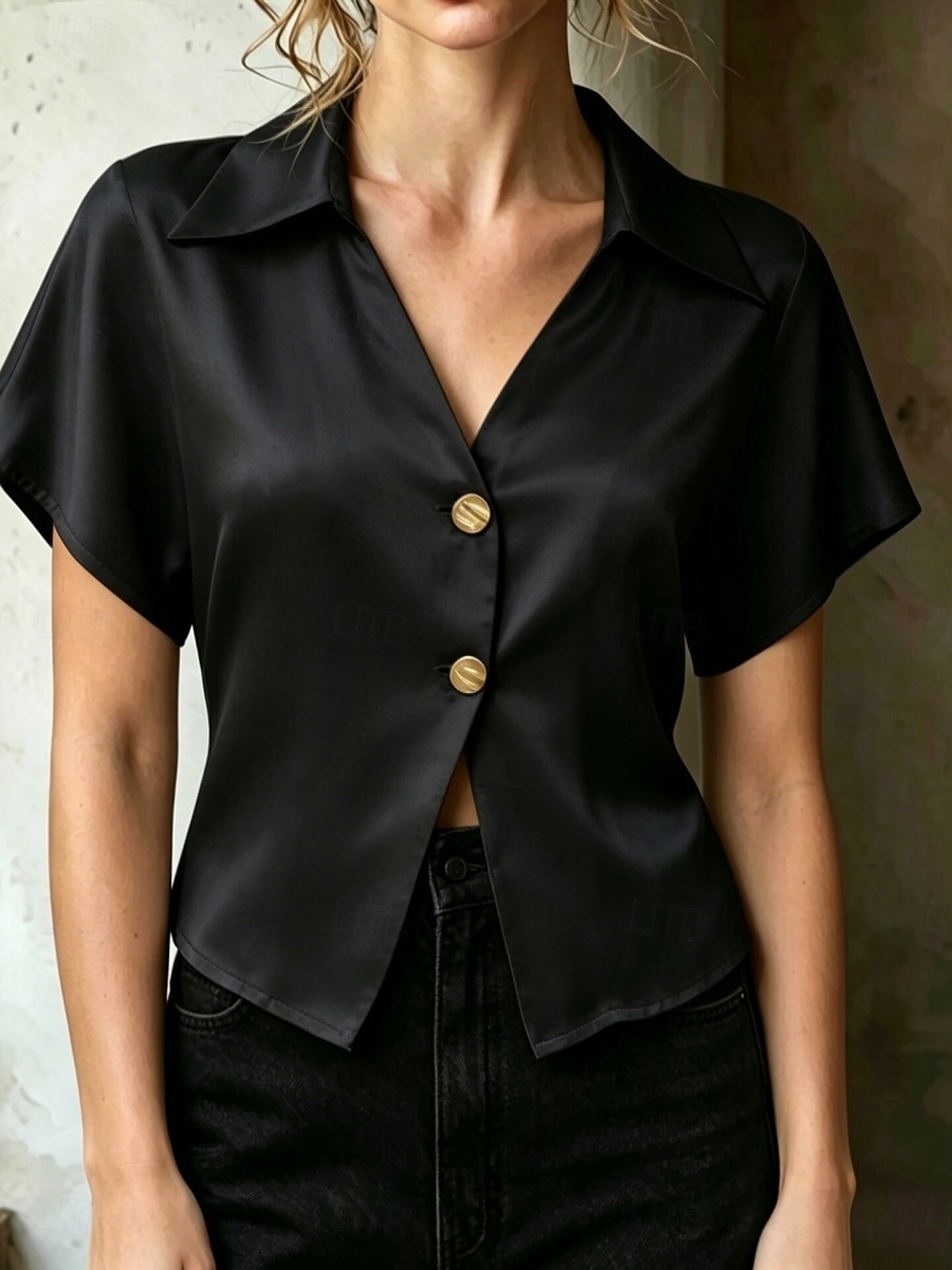 Pentru femei Cămașă din satin Bluză Nasturi Culoare solidă Stilat Casual Manșon scurt Guler Cămașă Crop Tops Casual Zilnic În aer liber Albastru piscină Negru Alb Caisă Vară Primăvară 2026 - $24.99 –P13