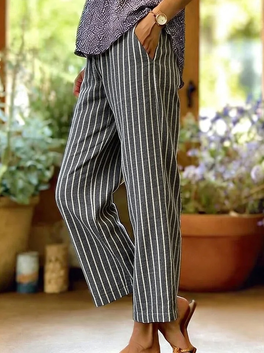 Mujer Pantalones con tacto de lino Perneras anchas Pantalones casuales Pantalones de verano Vacaciones Moda Ropa de calle Hasta el Tobillo Media cintura Graphic A Rayas Bolsillo Cintura elástica 2026 - $39.99 –P4