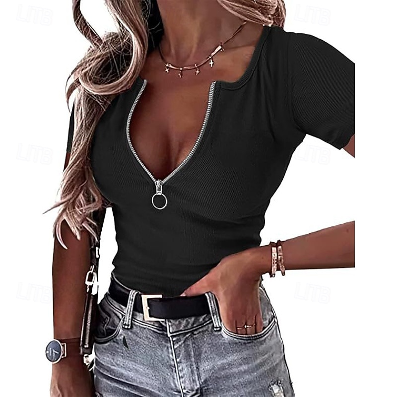 Women's T Shirt Zipper Solid Color Graphic Plain Casual Short Sleeve V Neck Regular Tops Daily Going out Weekend Black Wine Red Gray Summer Spring 2026 - $18.49 –P1
