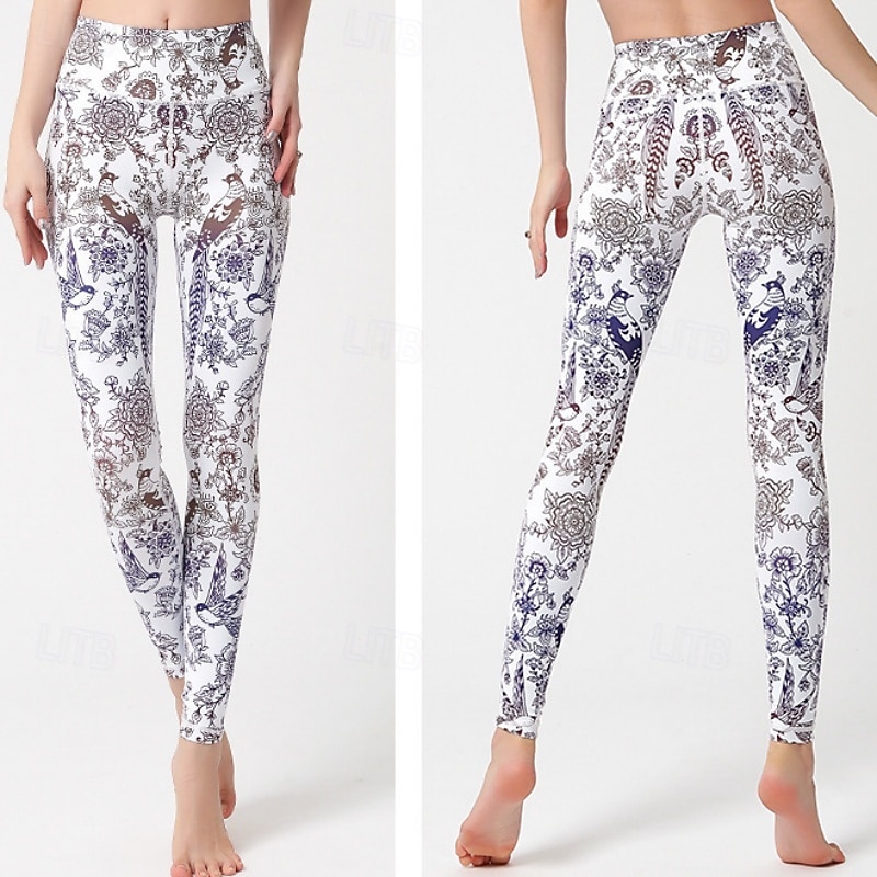 Dames Pilatesbroek Yogabroek Billenlift met ruche Hoge taille Sportschooltraining Hardlopen Fitness Legging Kleding Onderlichaam Flora Amethist Wit Blauw Sport Sportkleding Hoge Elasticiteit 2026 - $23.99 –P11
