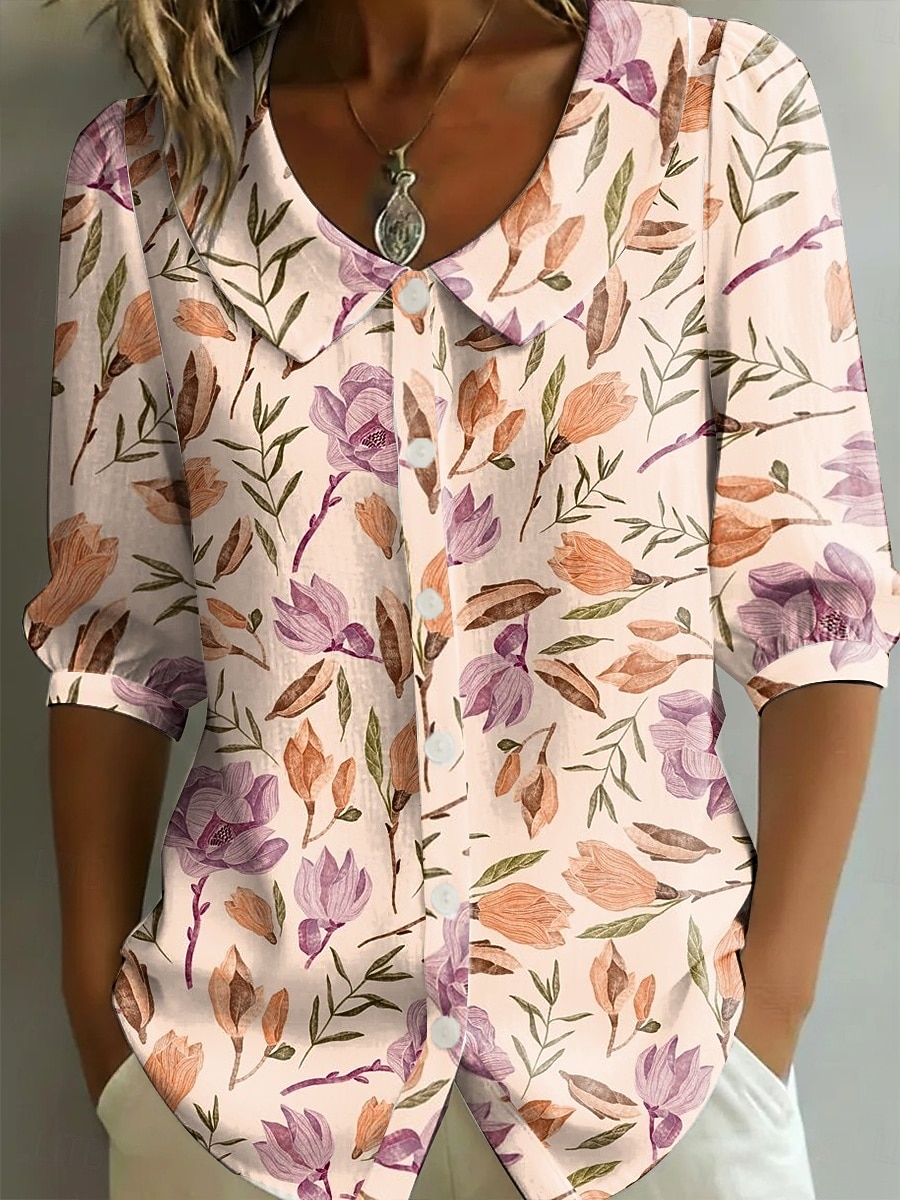 Mulheres Camisa Social Imprimir Floral Gráfico Férias à moda Básico Meia Manga Coleira Peter Pan Tops regulares Casual Diário Amarelo Roxo Laranja Verde Verão Primavera de 2026 por $34.99 –P6