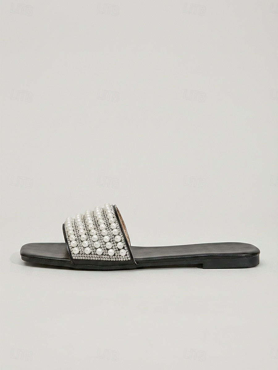 Women's Black Pearl Decorated Slide Sandals - Chic Flat Beach Slippers with Faux Pearl Straps for Island Vacations, Summer Resorts & Elegant Poolside Lounging 2026 - $19.99 –P4