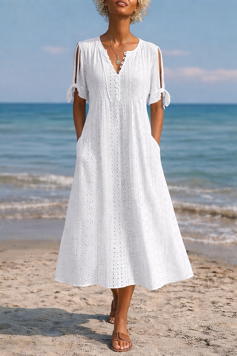 Women's Midi Dress Boho Dress A Line Dress Summer Dress Elegant Fashion Modern Daily Outdoor Beach Loose Fit Plain Short Sleeve V Neck White Purple Light Blue Summer Spring 2026 - $24.99 –P1