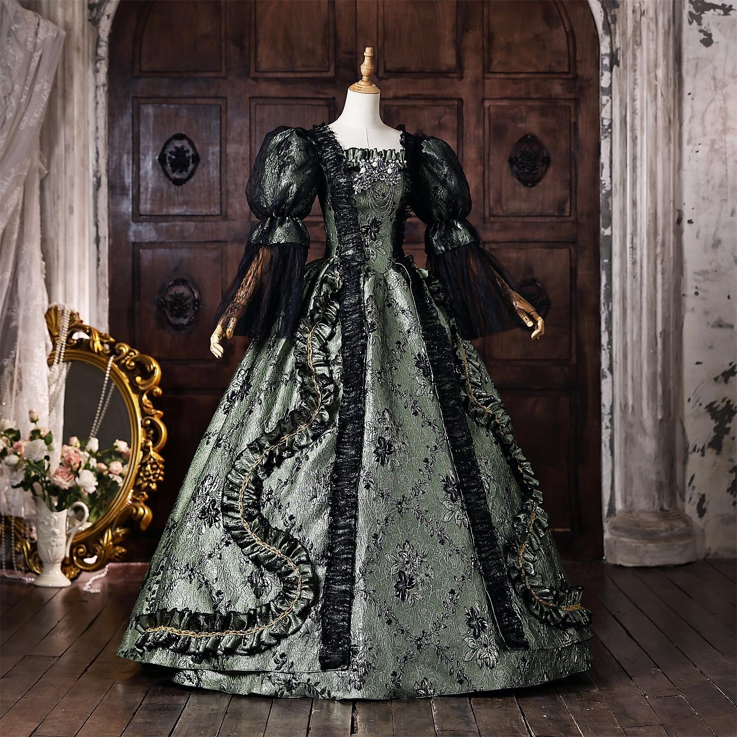Rococo Baroque Ball Gown Floor Length Dress Ball Gown Puff Balloon Sleeve Princess Bridal Lace Floral Ball Gown Square Neck Fancy Dress Women's Royal Halloween Carnival Masquerade Tea Party Party 2026 - $301.49 –P2
