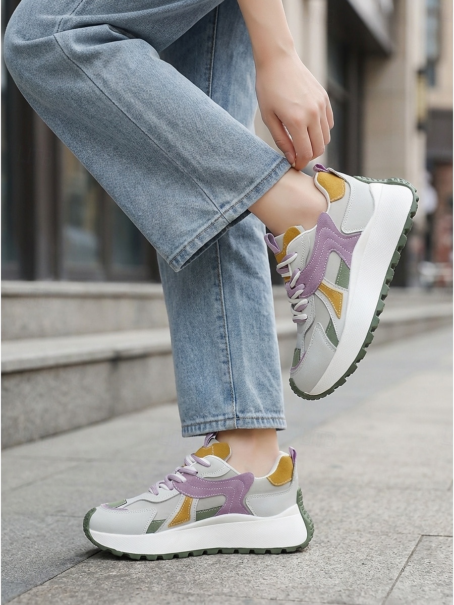 Women's Chunky Platform Sneakers - Trendy Grey, Purple & Yellow Color Block Dad Shoes with Thick Sole for Daily Streetwear, Casual Walking & Urban Fashion Outfits 2026 - $42.99 –P1