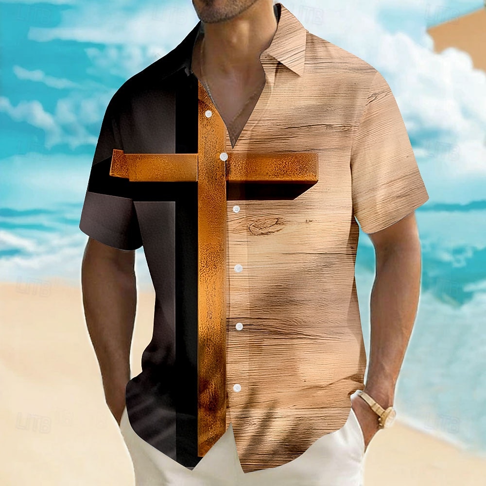 Men's Bible Cross Religion Shirt Summer Shirt Button Up Shirt Short Sleeve Vintage Retro Casual Outdoor Summer Spring Turndown 3D Print Linen Like Shirt Khaki 2026 - $25.99 –P1