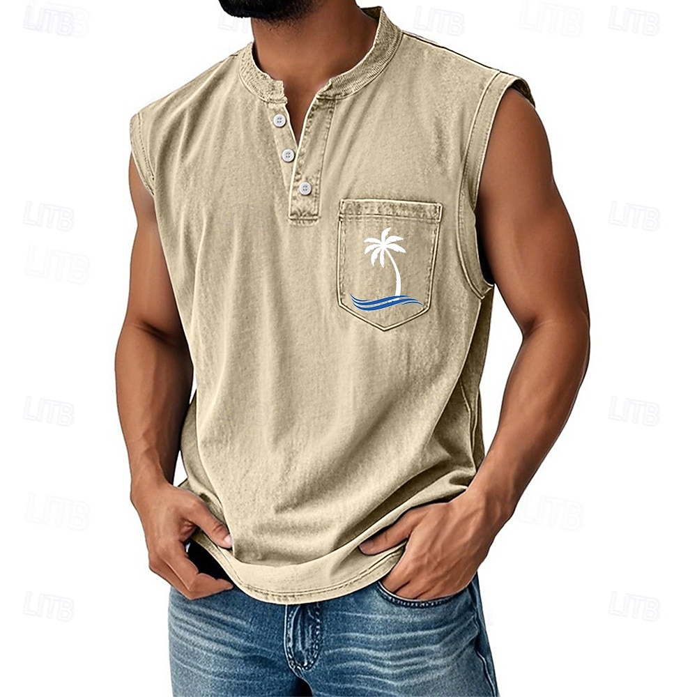SoftFade™ Heren Vest Top Denim Shirt Mouwloos Henley Lente Effen Basis Garment Dyed Vervaagd Vintage Gewassen Casual Vakantie Uistreek Zwart Khaki Lichtblauw Top Tee voor Mannen 2026 - $28.99 –P4