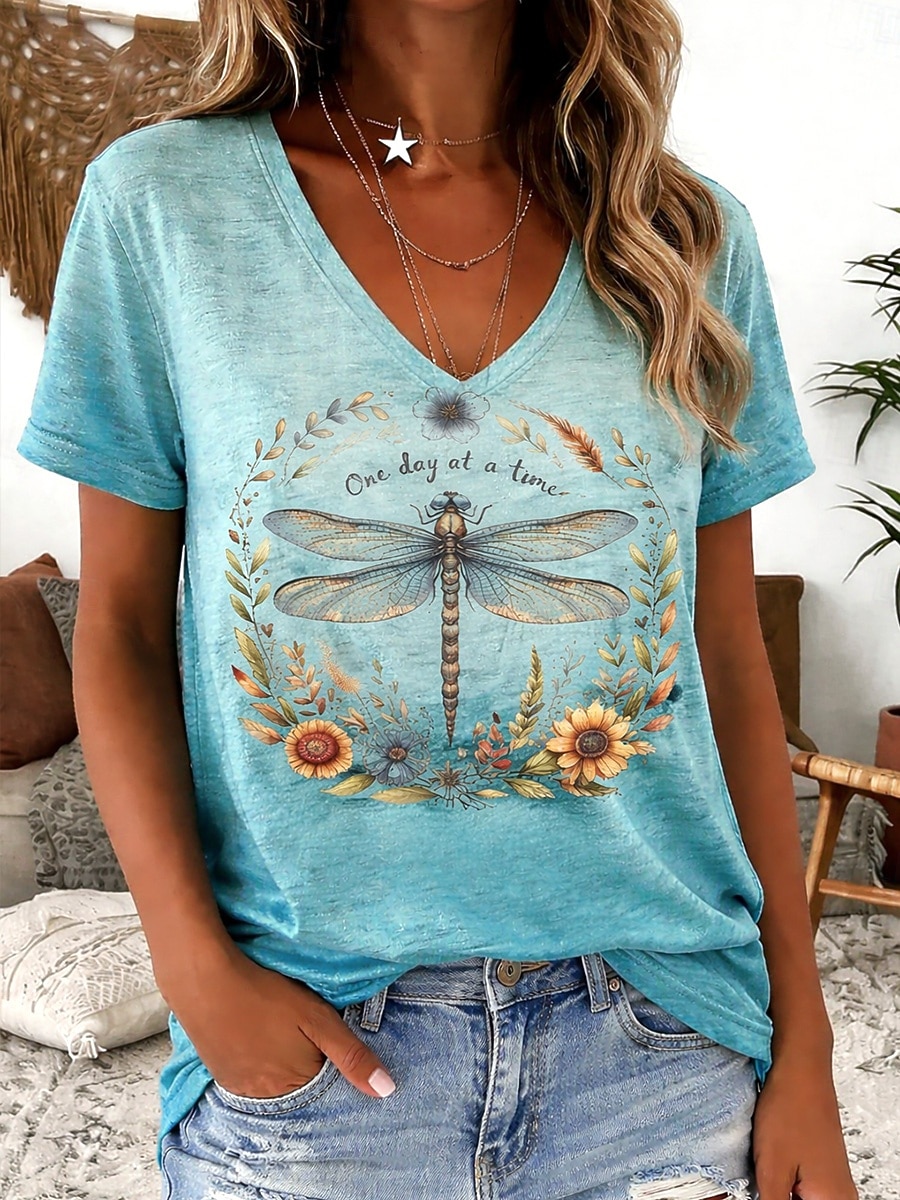 Women's T Shirt Print Floral Graphic Animal Vintage Stylish Classic Short Sleeve V Neck Regular Tops Casual Daily Going out Red Sky Blue Purple Summer Spring 2026 - $21.99 –P1