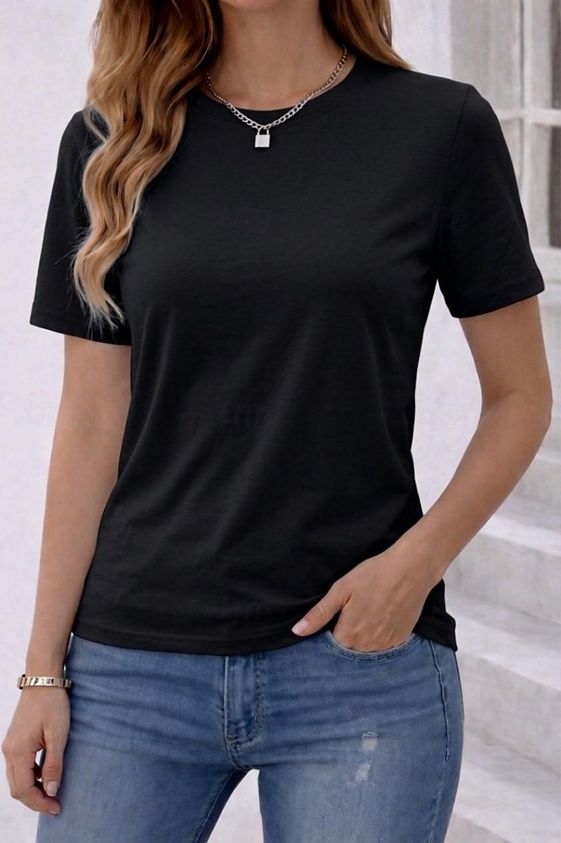 Damen T-Shirt aus 100% Baumwolle einfarbig stilvoll klassisch lässig kurzärmlig Rundhals lange Oberteile für den täglichen Gebrauch Ausgehen Schwarz Weiß Dusty Rose Grau Sommer Frühling 2026 - $18.49 –P6