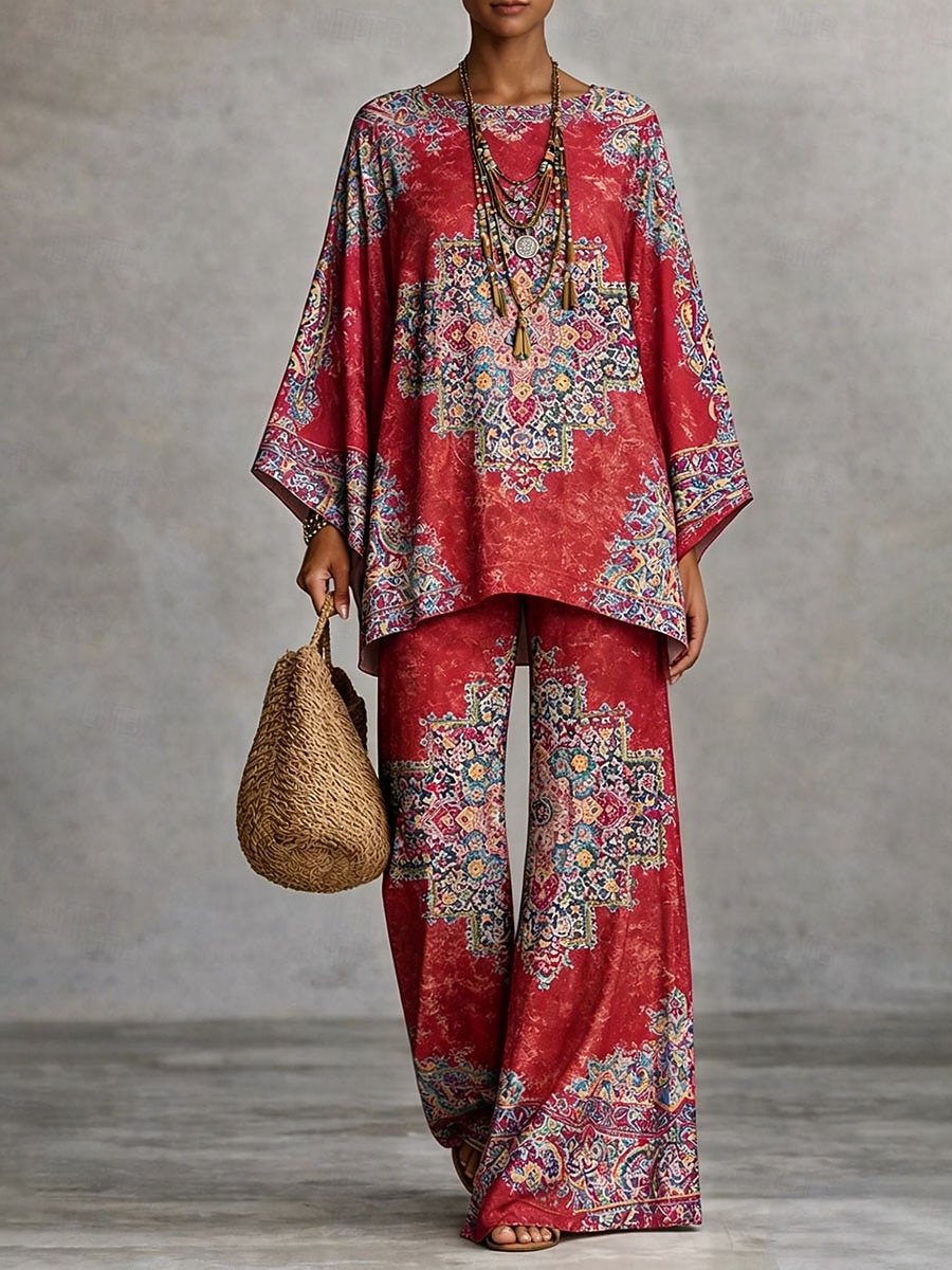 Women's Pants Sets Long Sleeve Round Neck Graphic Paisley Print Fashion Streetwear Casual Daily Outdoor Blue Pink Red Spring & Summer Loose Fit 2026 - $57.99 –P1