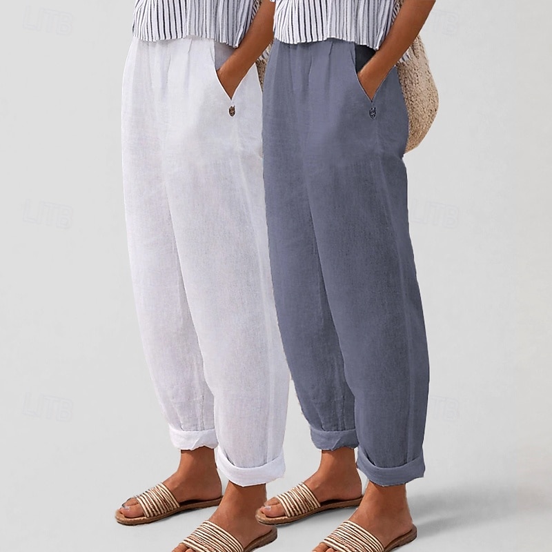 Πολυσυσκευασίες 2 τεμαχίων γυναικείο παντελόνι 100% βαμβάκι καλοκαιρινό παντελόνι casual παντελόνι διακοπών βασικό ψηλόμεσο απλό τσέπη άνεση μαλακό αναπνεύσιμο ανελαστικό casual καθημερινό αθλητικό λευκό+πράσινο λευκό+χακί 2026 - $31.99 –P9