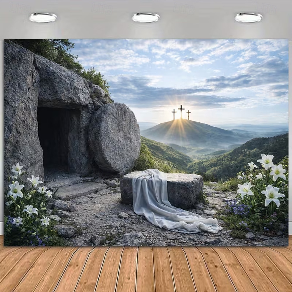 Wielkanocne zmartwychwstanie, pusty grób Jezusa, zmartwychwstał, trzy krzyże, kamień odsunięty, Golgota, święte światło, brama garażowa, baner, gobelin, tło zewnętrzne do kościoła, wystrój domu i 2026 - $20.99 –P6