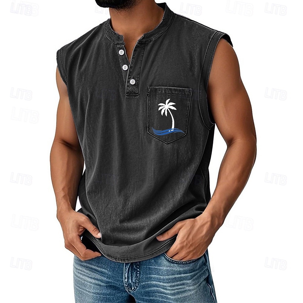 SoftFade™ Heren Vest Top Denim Shirt Mouwloos Henley Lente Effen Basis Garment Dyed Vervaagd Vintage Gewassen Casual Vakantie Uistreek Zwart Khaki Lichtblauw Top Tee voor Mannen 2026 - $28.99 –P2