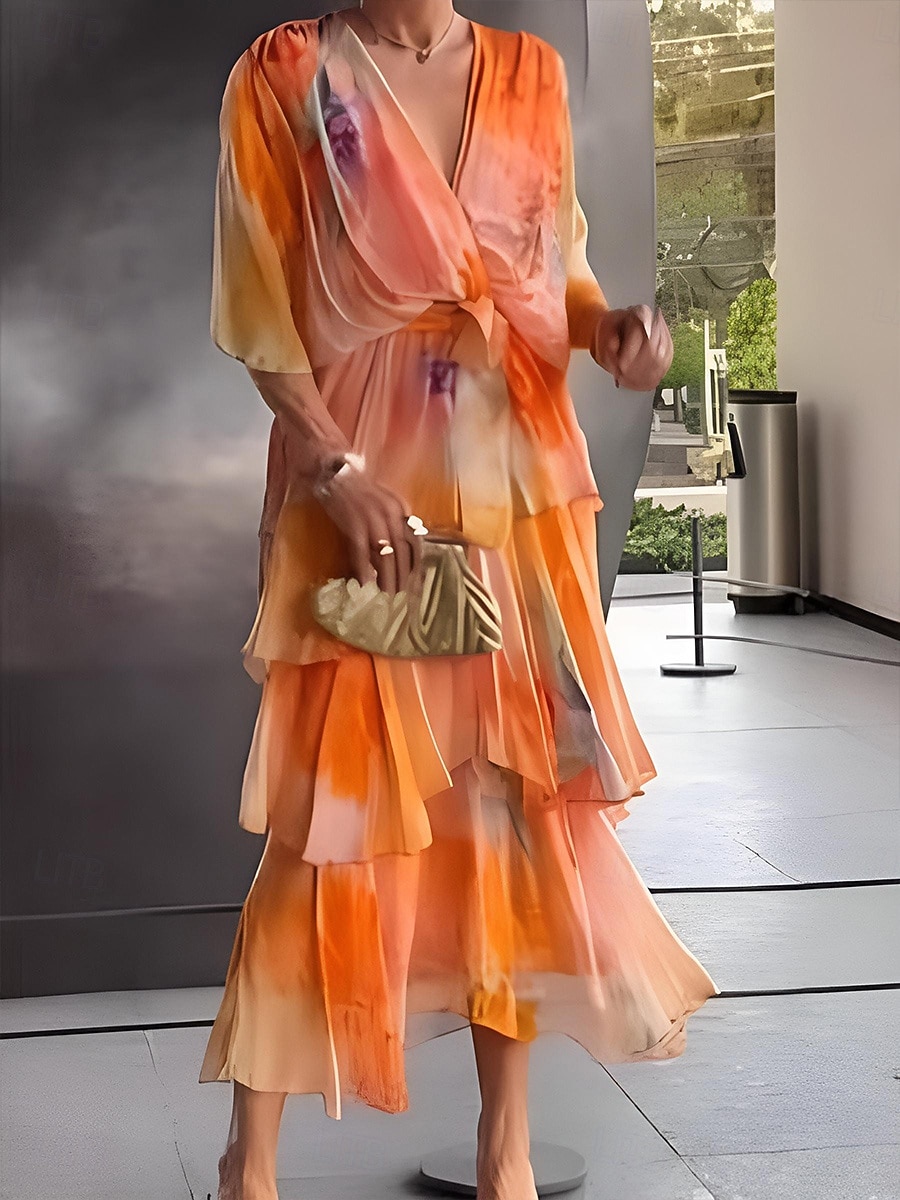 Damen Midikleid Chiffonkleid Stufenkleid Druckkleid Mode Modern Urlaub Ausgehen Wochenende Normale Passform Abstrakt Kurzarm V Ausschnitt Blau Gelb Purpur Orange Sommer Frühling 2026 - $39.99 –P5