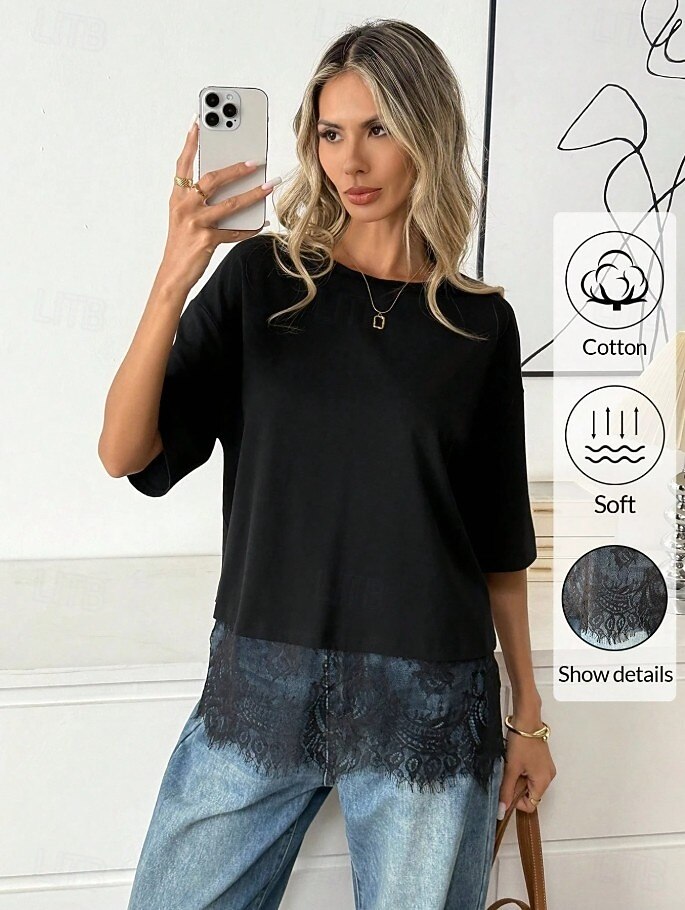 Dame 100% قطن Kontrast blonder Stilfull Klassisk Kortermet Crew-hals Vanlige topper Avslappet Svart Hvit Sommer Vår 2026 - $24.99 –P5