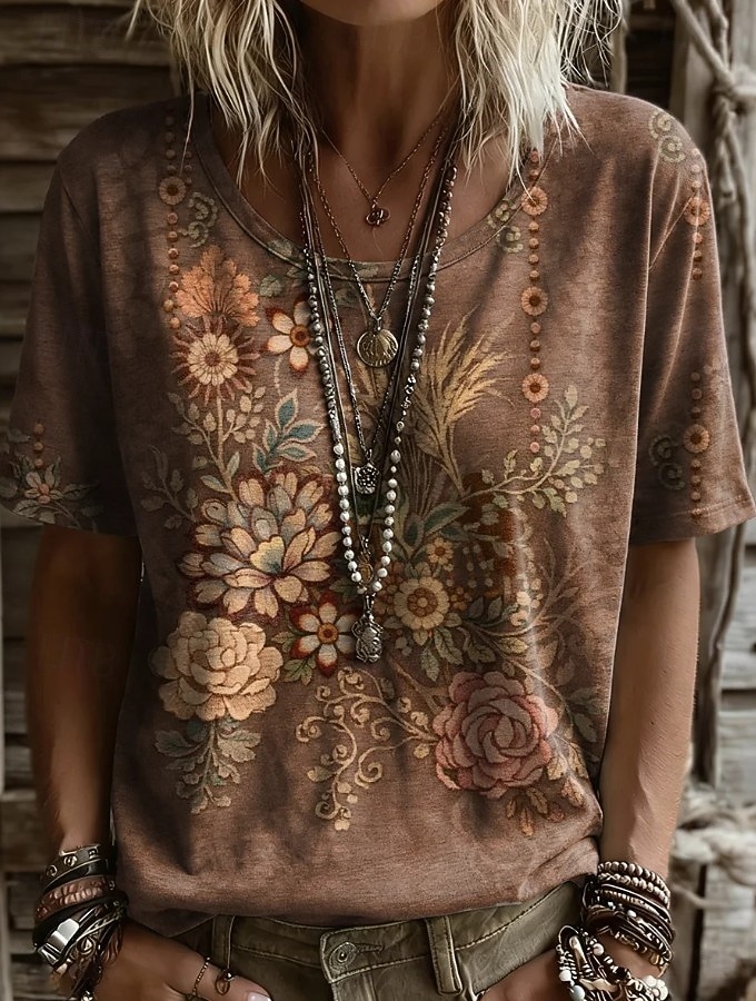 Damen T Shirt Druck Blumen Grafik Geometrisch Vintage Stilvoll Lässig Kurzarm Rundhalsausschnitt Normale Oberteile Lässig Täglich Wochenende Schwarz Rosa Staubiges Blau Braun Sommer Frühling 2026 - $21.99 –P2