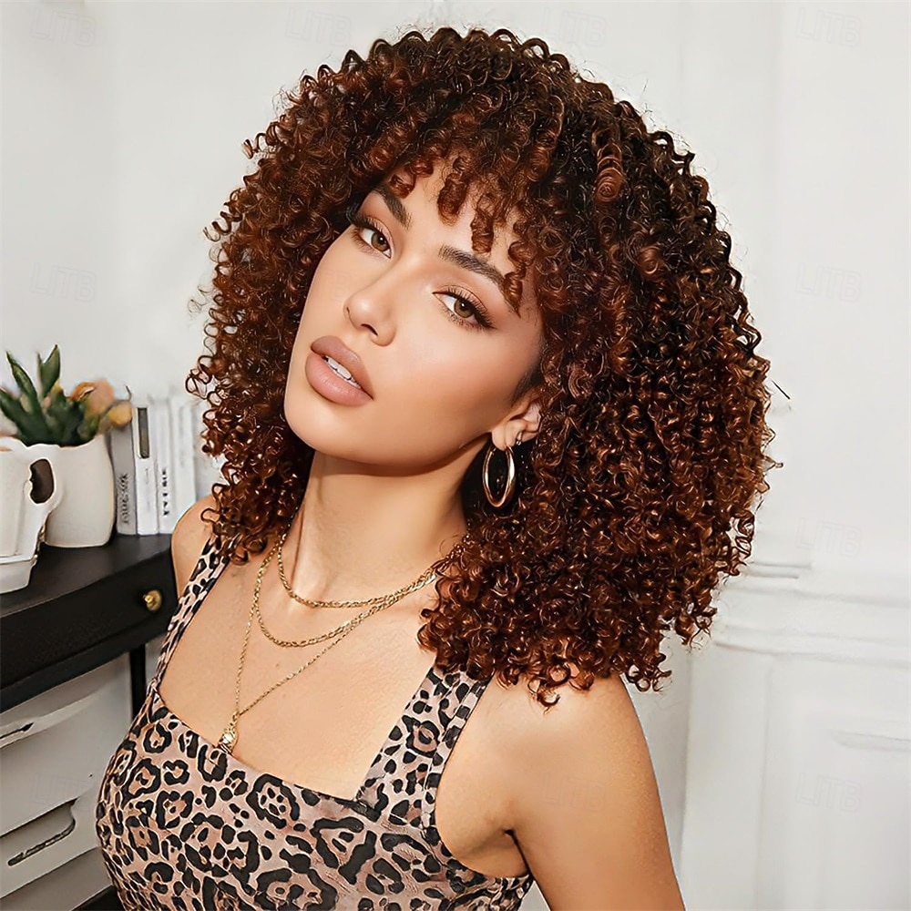 Perucă afro creță maro ombre cu breton, perucă afro sintetică scurtă de 14 inch, peruci afro negre crețe pentru femei, peruci pentru uz zilnic și la petreceri 2026 - $30.99 –P1