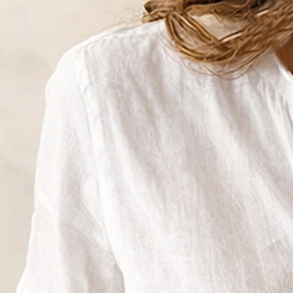 Women's Shirt Casual Shirt Button Up Shirt Faux Cotton Linen Pocket Buttons Solid Color Plain Elegant Vacation Fashion Long Sleeve Stand Collar Regular Tops Daily Streetwear Holiday White Summer 2026 - $27.99 –P5