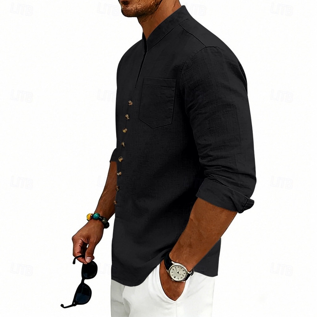 Homens Camisa Social Camisa de linho camisa de verão camisa de praia Tecido Casual Férias Preto Branco Rosa Azul Marinha Manga Longa Faixa Verão Primavera Roupa Bolsos de 2026 por $25.99 –P11